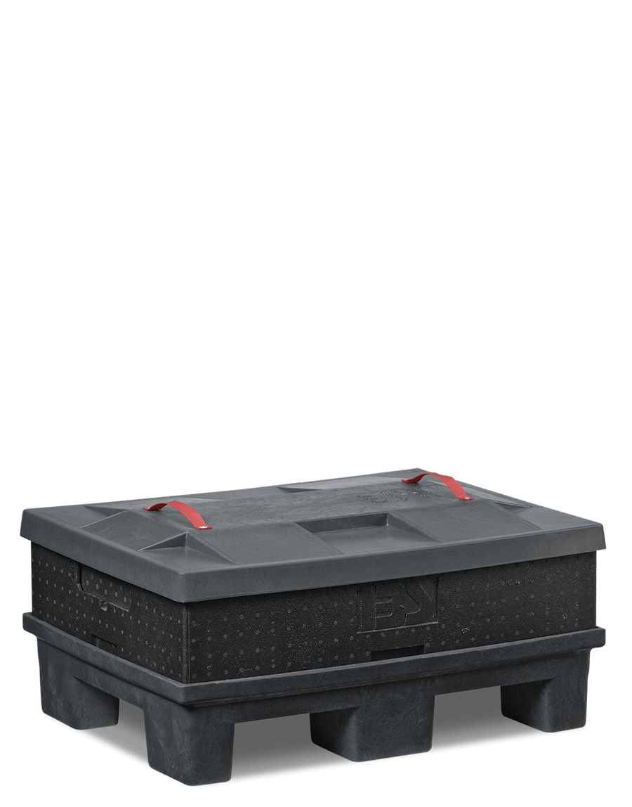 A black storage container with red handles, elevated on a base with open spaces, designed for industrial use.