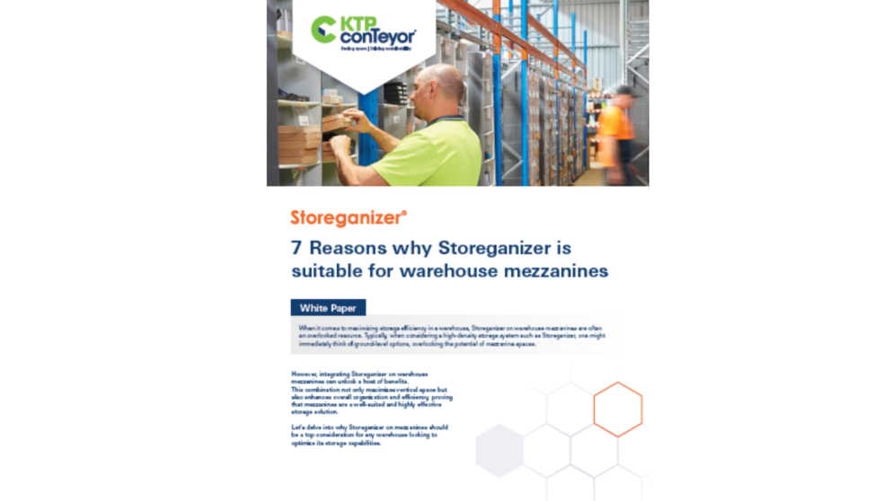 A warehouse worker organizing materials on shelves, with a document titled "7 Reasons why Storeganizer is suitable for warehouse mezzanines" visible on the right.