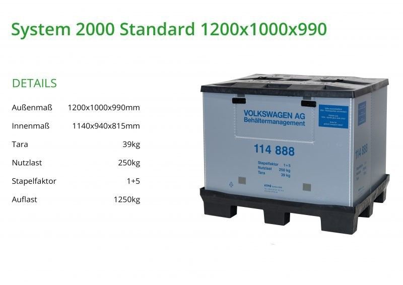 A storage container labeled "System 2000 Standard" with dimensions and specifications for weight and capacity, including details in German.