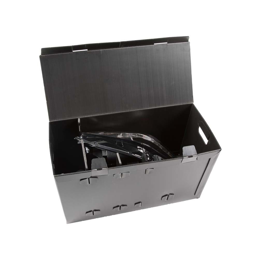 Black storage box with an open lid, containing a clear plastic item inside.
