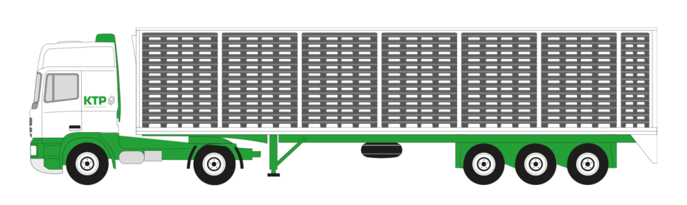 Illustration of a green and white truck with a large, flatbed trailer featuring stacked crates or containers.