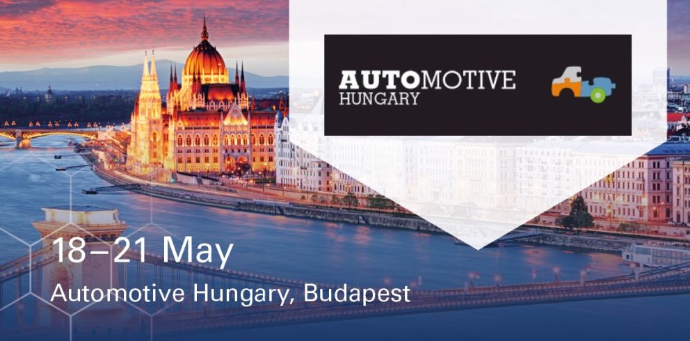 Event promotion image for Automotive Hungary, featuring the event date of May 18-21 and a scenic view of Budapest's architecture and the river.