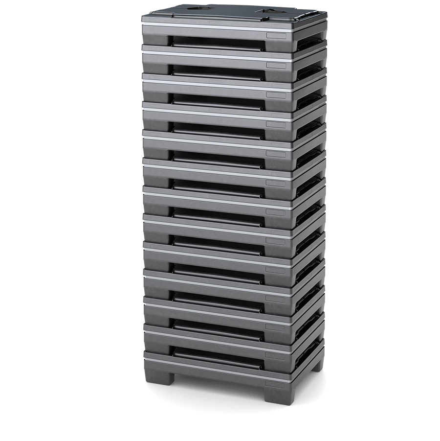 Stacked modular plastic storage bins in a vertical arrangement.