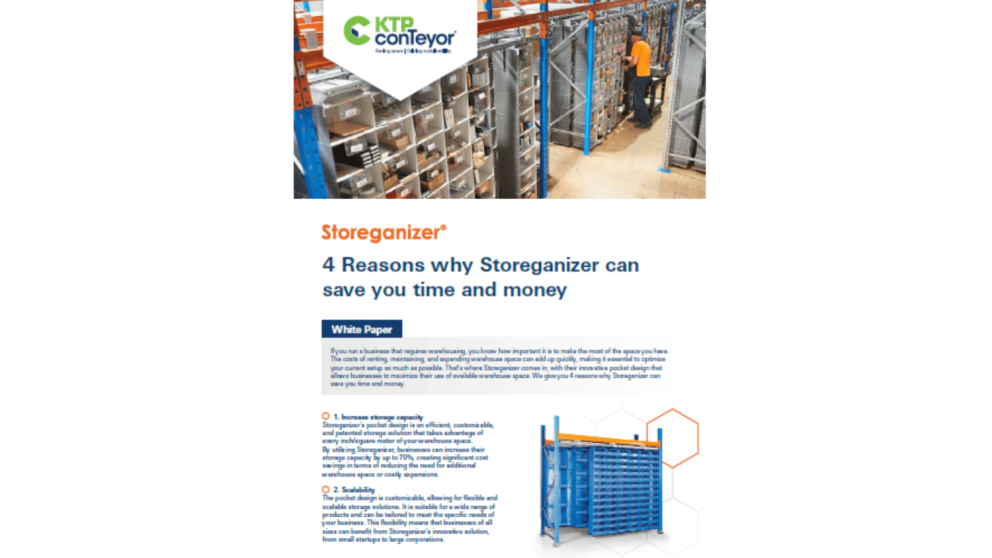Warehouse interior with shelving units, featuring an employee in an orange shirt working, alongside a promotional document titled "Storeganizer: 4 Reasons why Storeganizer can save you time and money."
