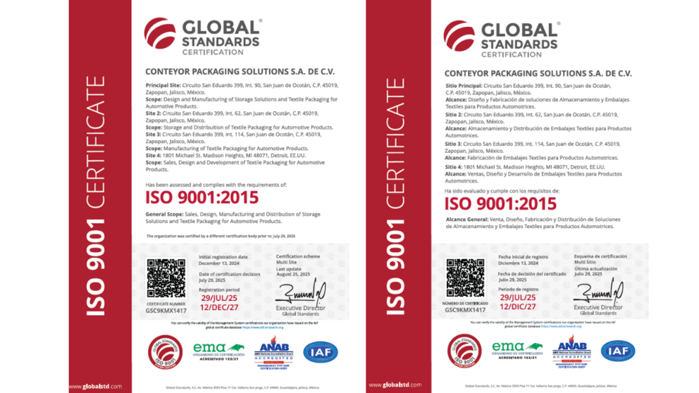 ISO 9001 certification document for Conteyor Packaging Solutions S.A. de C.V., detailing principal and additional sites in Zapopan, Mexico, along with certification dates and general scope of services.