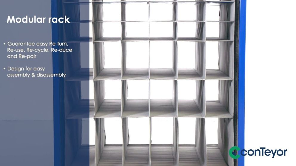 A modular rack with multiple compartments, designed for easy assembly and disassembly, featuring blue sides and a clean, white interior.