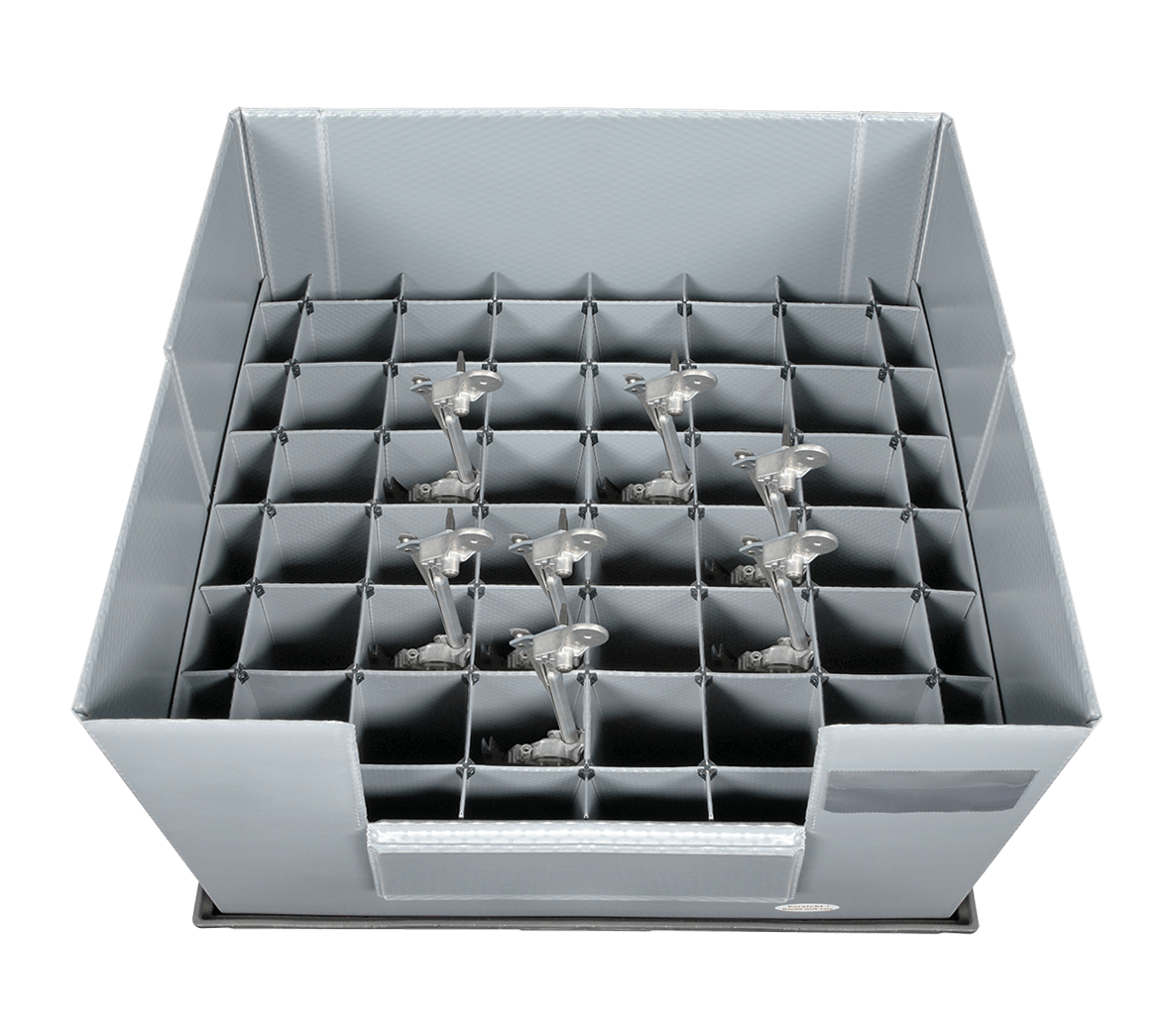 A gray storage container with multiple compartments, holding several small silver objects organized neatly inside.