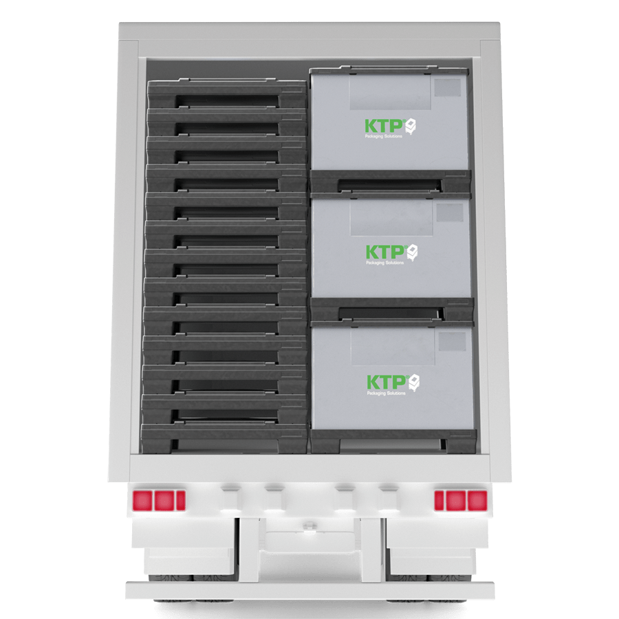 A rear view of a delivery truck showing stacked storage bins with "KTP Packaging Solutions" branding and grey containers.