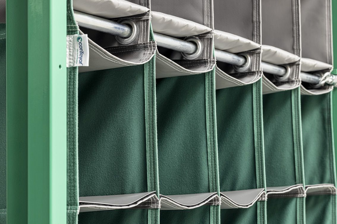 A detailed shot of the tower rack's front loader