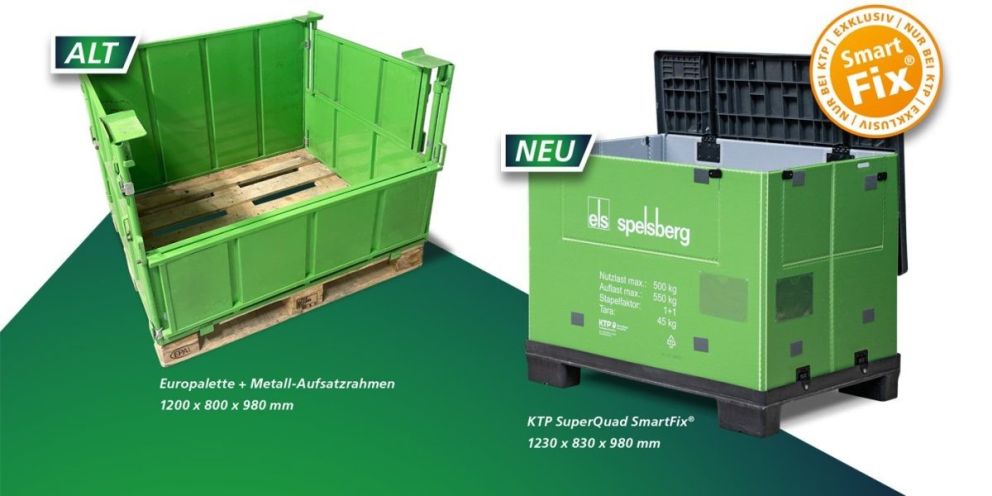 Two green storage containers are displayed side by side on a gradient background. The left container is labeled "ALT" and includes a wooden pallet with dimensions 1200 x 800 x 980 mm. The right container is labeled "NEU" with a lid and features the name "KTP SuperQuad SmartFix&reg;," along with additional specifications.