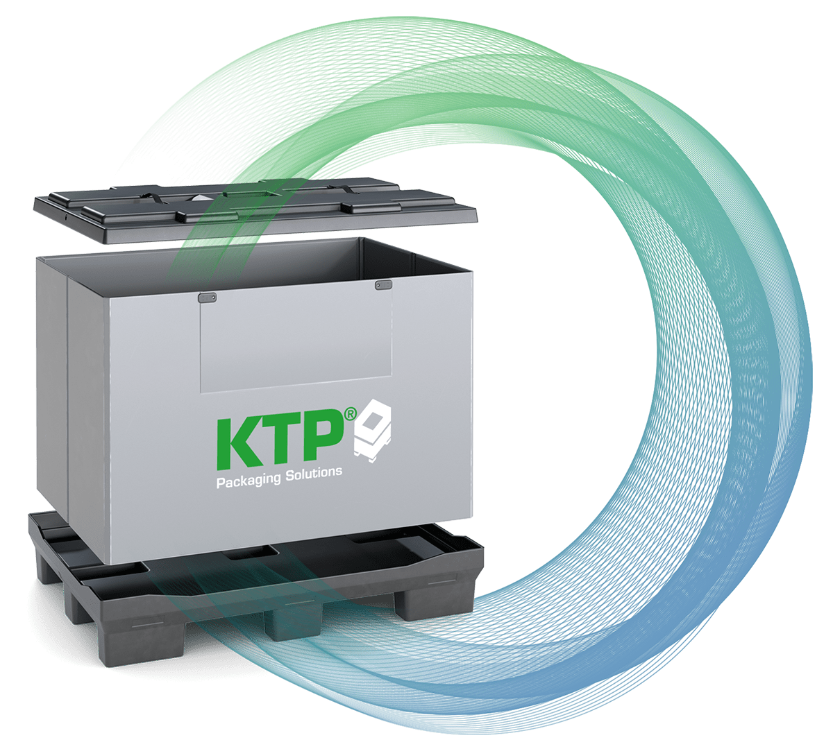 A grey shipping container with a black pallet base and the logo "KTP Packaging Solutions," shown with the lid partially open, surrounded by a circular graphic in green and blue.