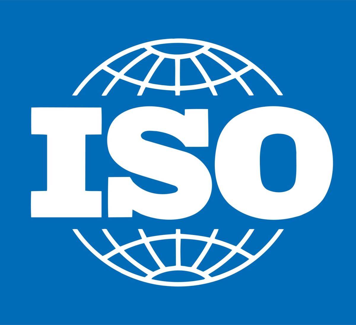 Logo of the International Organization for Standardization (ISO) featuring white letters "ISO" over a blue background with a globe graphic.