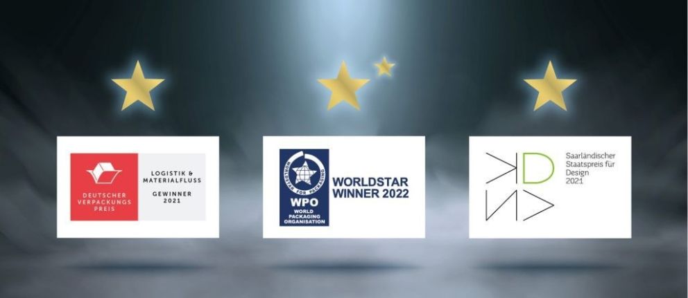 Image featuring three award logos with stars in the background, including "Deutscher Verpackungspreis," "WORLDSTAR WINNER," and "Saarländischer Staatspreis für Design."