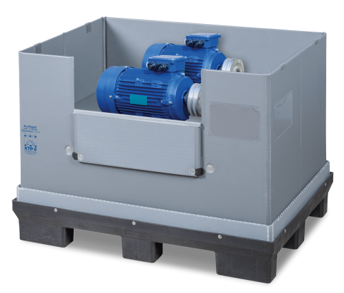 A grey industrial storage container on a black pallet, containing two blue electric motors.