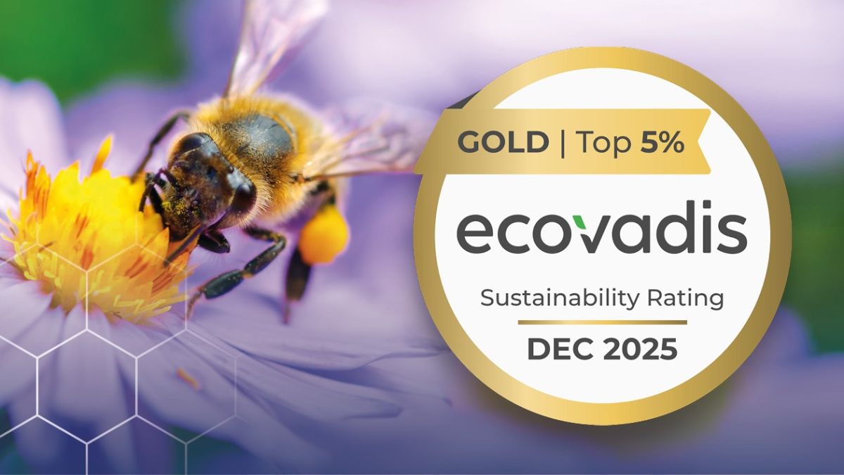 A close-up of a bee collecting pollen from a flower, with an overlay featuring a gold Ecovadis sustainability rating badge indicating "Gold | Top 5%," and the date "DEC 2025."