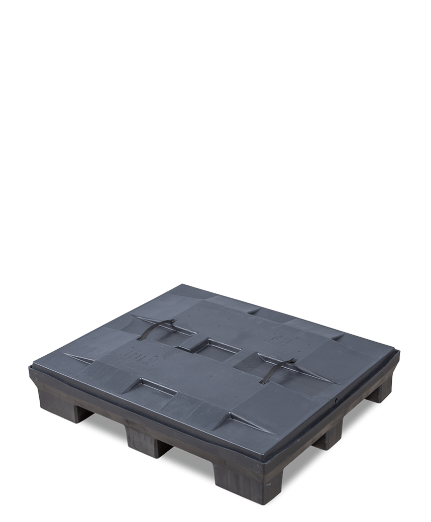 A black plastic pallet with raised edges and cutout handles, viewed from an angle.