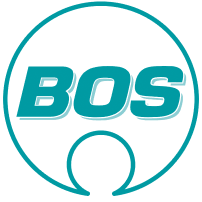 Logo of BOS featuring the letters "BOS" in a teal color, enclosed within a circular design.