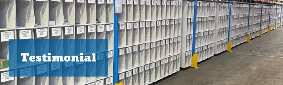 A Storeganizer installation with a blue rectangle with in white letters Testimonial written on it