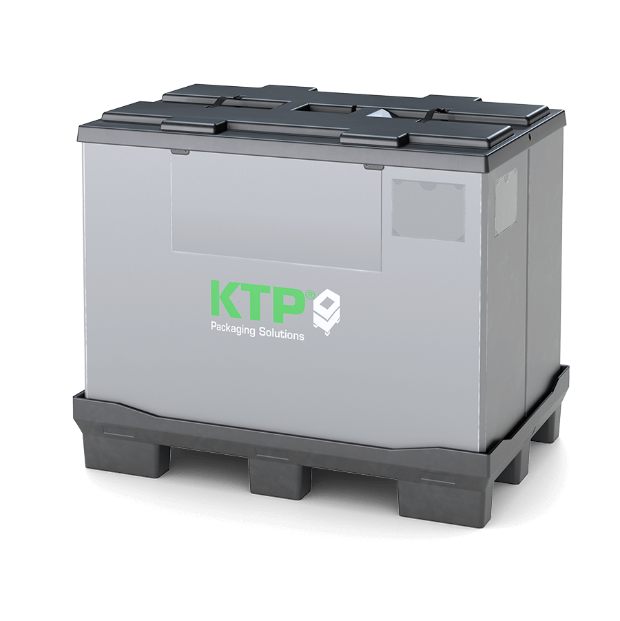 A grey storage box with a black lid and a black pallet base, featuring the logo "KTP Packaging Solutions" in green and white.