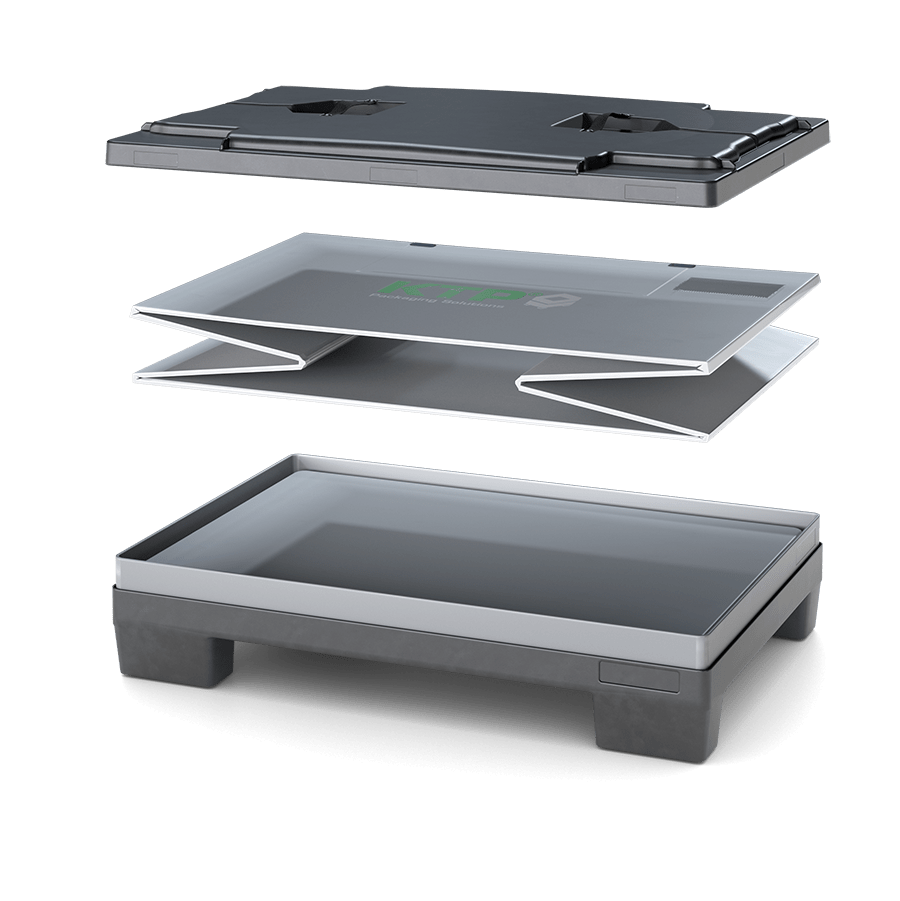Exploded view of a packaging solution, showing three layered components: a top piece with cutouts, a middle clear section with a logo, and a bottom base.