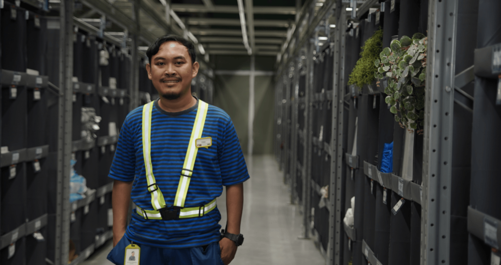 A man wearing a blue striped shirt and reflective yellow vest stands in a storage area with shelves holding various items, including plants and bags.
