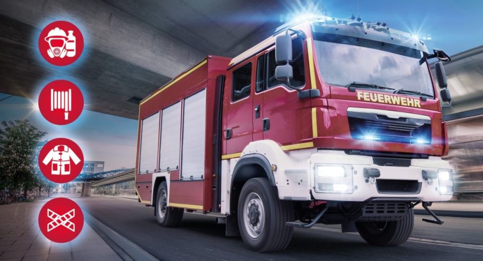 A modern red fire truck with emergency lights, parked on a city street, with icons representing firefighting equipment and safety gear displayed above.