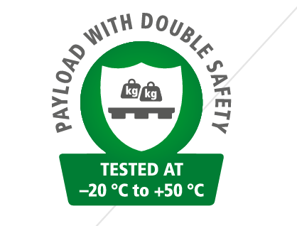 Logo featuring a shield with scales and two weights, captioned "PAYLOAD WITH DOUBLE SAFETY," and "TESTED AT &ndash;20 &deg;C to +50 &deg;C."