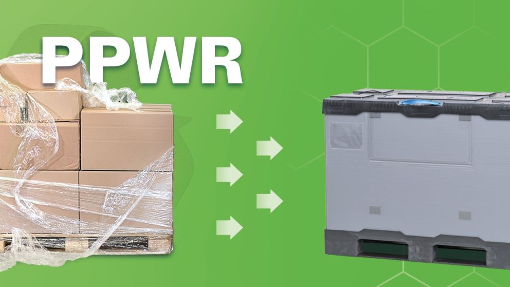 A stacked pallet of cardboard boxes wrapped in plastic on the left, with arrows pointing to a sturdy plastic container on the right, set against a green background with the text "PPWR" prominently displayed.