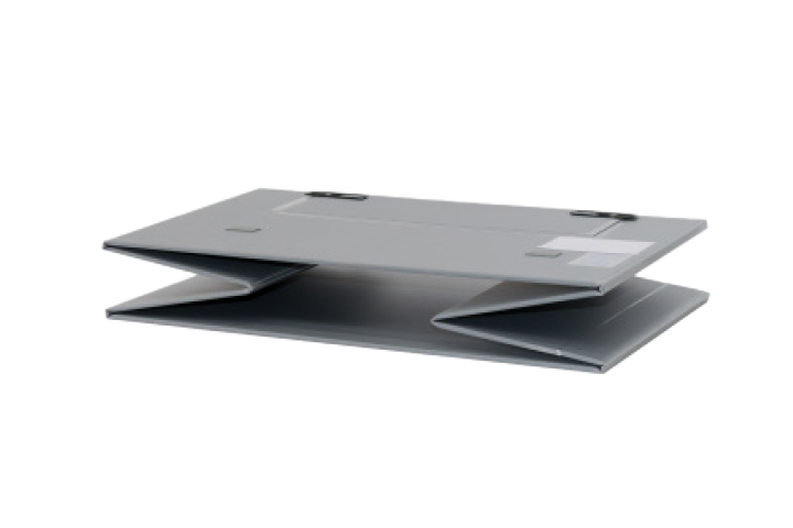 Gray laptop stand with adjustable height and a sleek design.