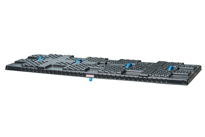 A black loading platform with textured surface and blue handles for grip.