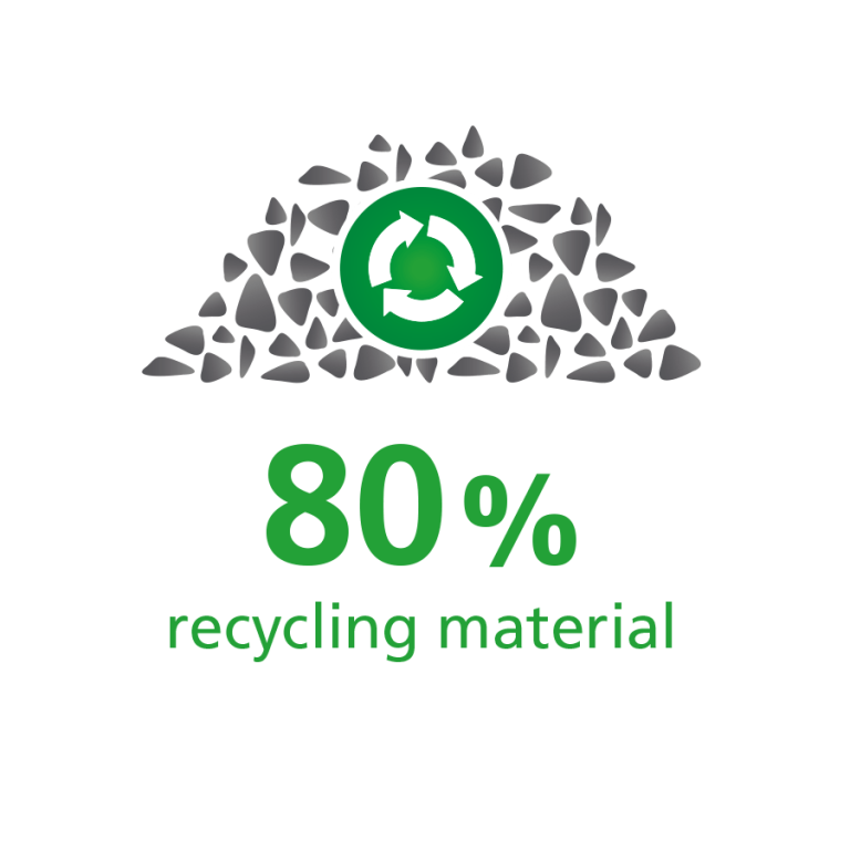 Icon showing 80% recycling material with a recycling symbol surrounded by small stones.