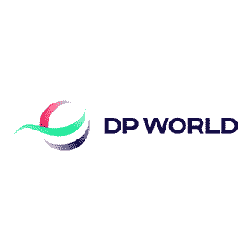 Logo of DP World, featuring a stylized sphere in colors of pink, green, and blue, with the text "DP WORLD" in dark blue font.