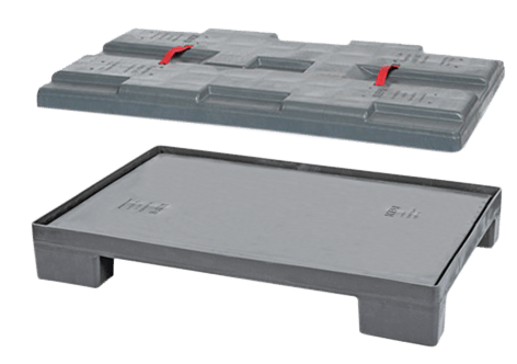 Two plastic pallets are shown, one on top of the other; the top pallet has red handles and a textured surface, while the bottom pallet is flat and solid gray.
