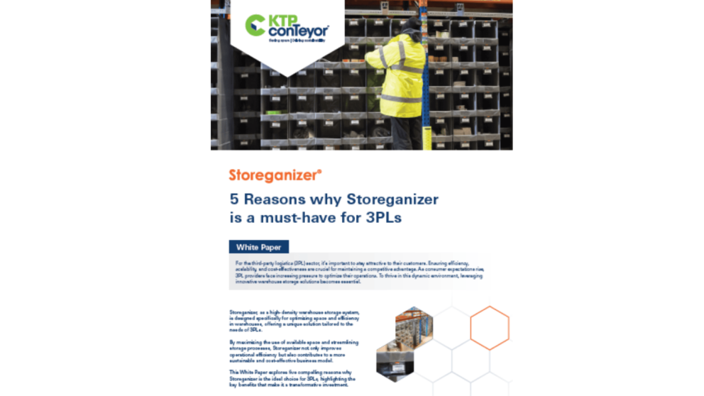 Image of a warehouse with a worker in a high-visibility jacket arranging storage bins, alongside a white paper titled "5 Reasons why Storeganizer is a must-have for 3PLs."
