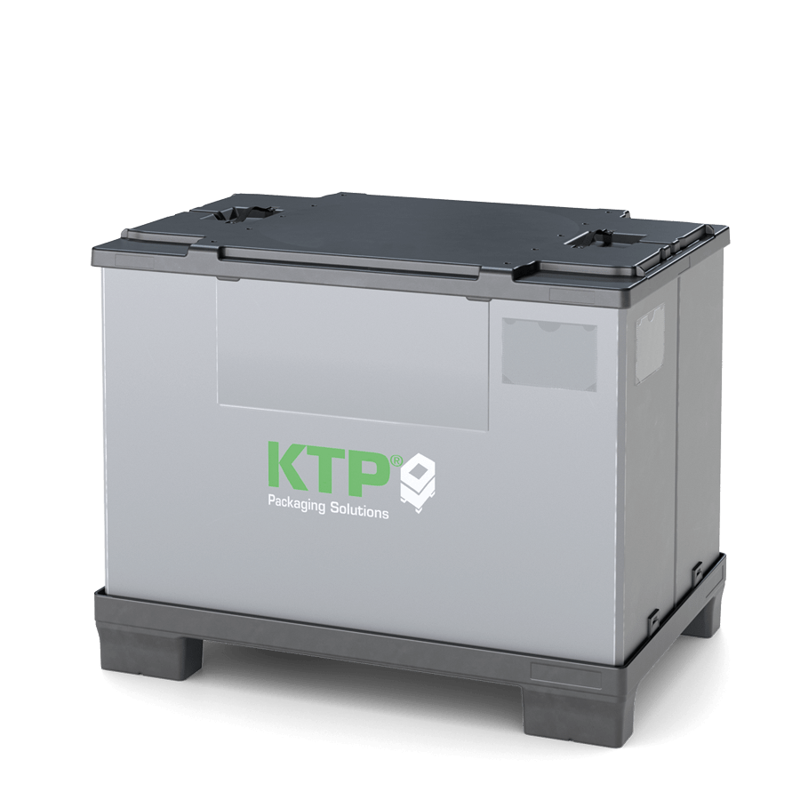 A gray storage container with a black lid, featuring the text "KTP Packaging Solutions" in green and white.