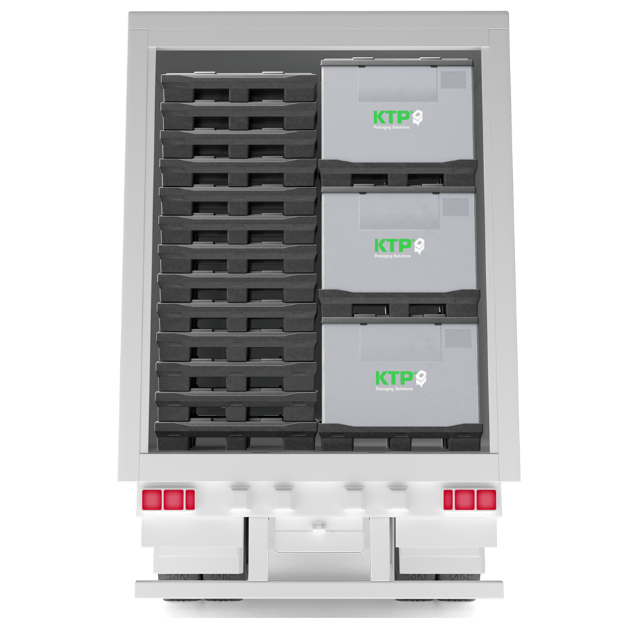 A rear view of a delivery truck loaded with gray containers and black packing crates, featuring the logo of "KTP Packaging Solutions."