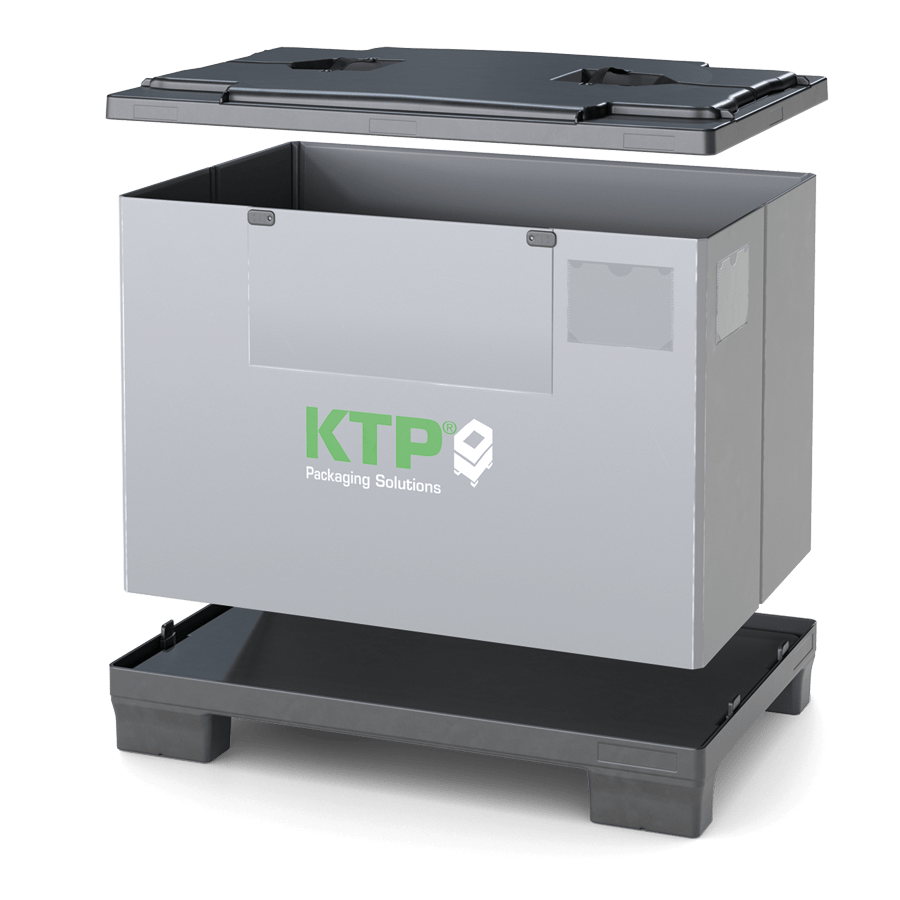 A gray packaging container with a black lid and a base, featuring the logo "KTP Packaging Solutions."