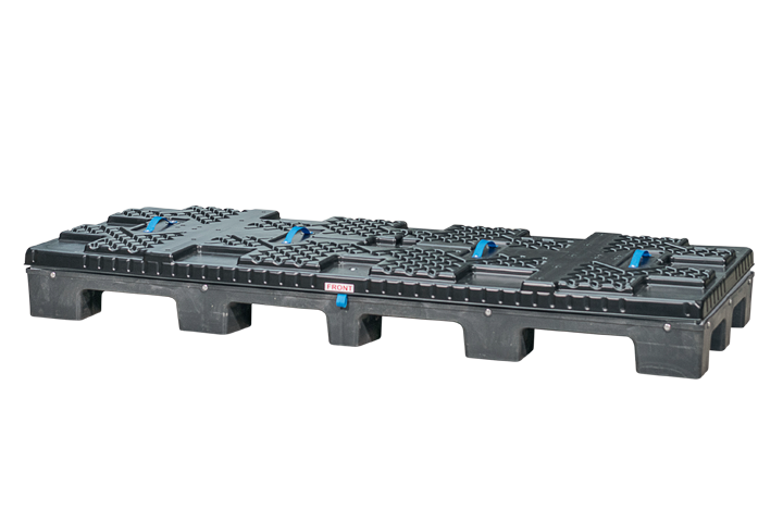 A black plastic pallet with textured surface and blue grip handles.