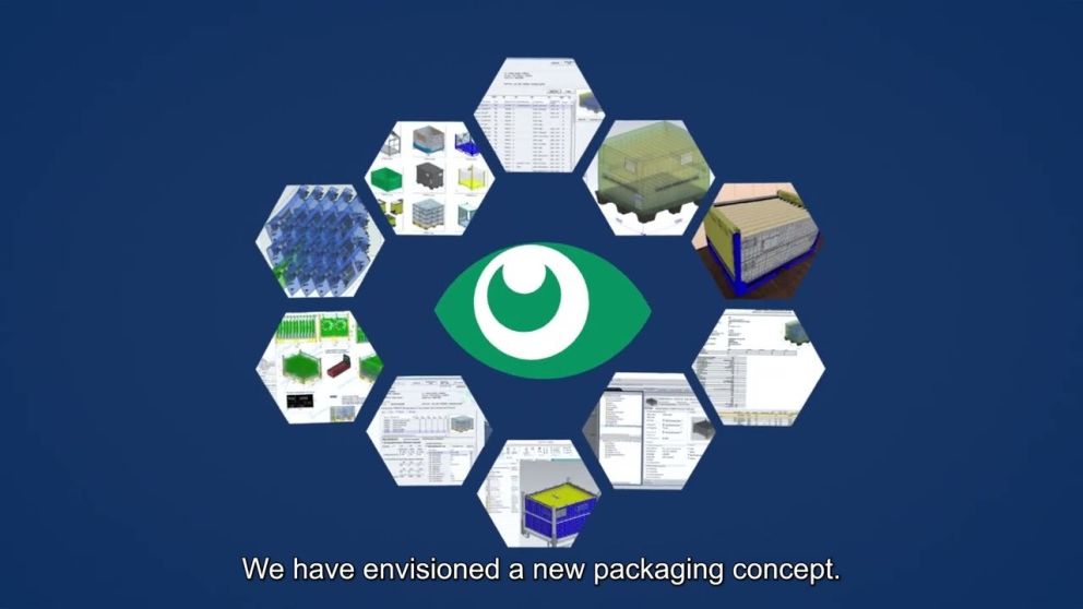 Graphic depicting a central eye symbol surrounded by hexagonal images related to packaging design and concepts, with the text "We have envisioned a new packaging concept" at the bottom.