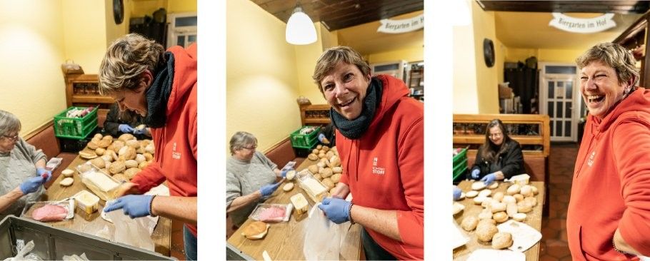 Three images of a communal kitchen. The first image shows a woman in a red hoodie working with bread and cheese, the second image captures her smiling directly at the camera, and the third image displays another woman in the background, focused on her task. Both women are wearing gloves and the setting has warm lighting with bread and ingredients on a table.