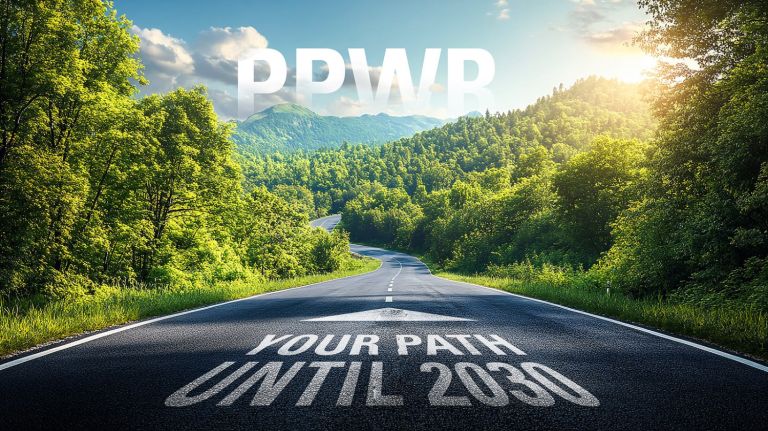 A winding road through a lush green landscape with text overlay that reads "PPWR YOUR PATH UNTIL 2030."
