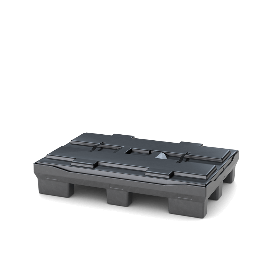 A black plastic pallet with a rectangular shape and raised edges, viewed from the side against a plain background.