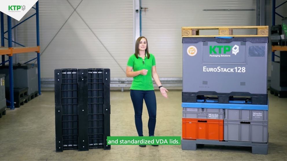 A woman in a green shirt stands in a warehouse, gesturing towards two types of storage containers: one stackable and one on a pallet, with labels indicating the brand KTP and EuroStack128.