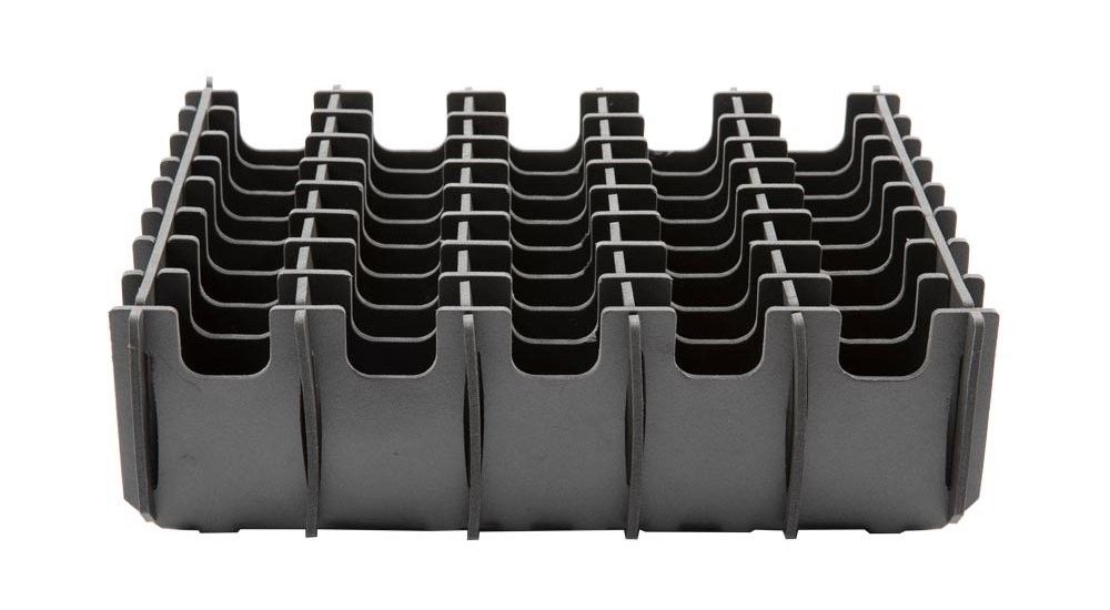 A black plastic grid storage container with multiple compartments arranged in rows.