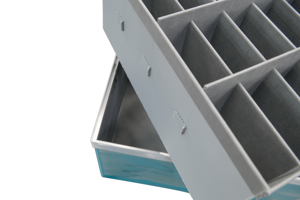 Gray plastic PP dividers placed inside of an Ecobox