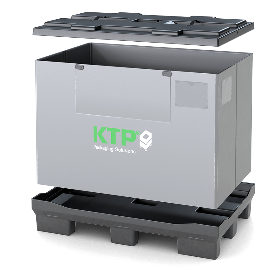 A gray packaging box with a black lid and a black base, featuring the logo 'KTP Packaging Solutions' on the front.