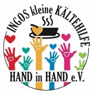Logo for "Ingos kleine Kältehilfe" featuring colorful hands with hearts and a bowl, with the text "HAND in HAND e.V."