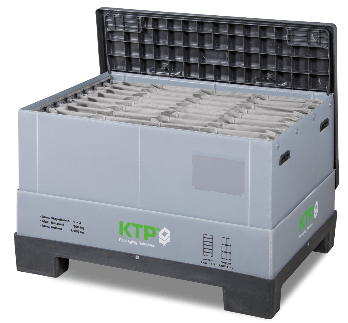 A gray packaging container with a black lid, featuring multiple compartments and labeled with "KTP Packaging Solutions" on the side.