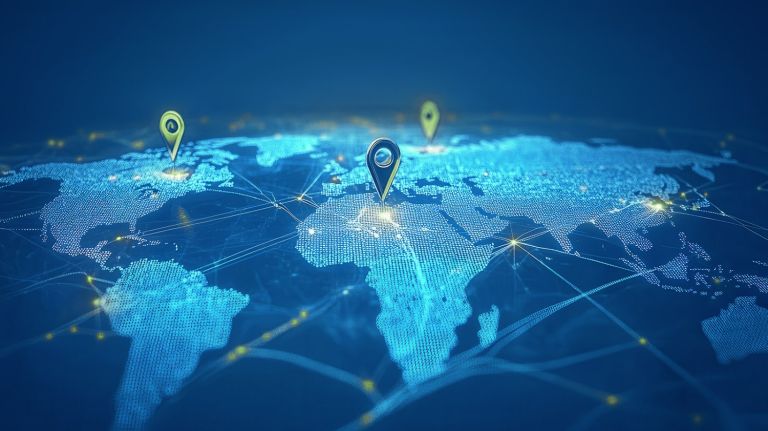 A digital rendering of a world map with various location pins and a blue background, illustrating global connectivity and mapping technology.