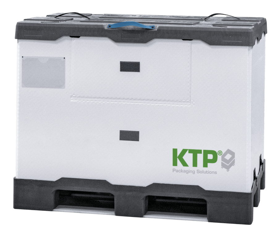 A white packaging box with a gray lid and a blue handle, featuring the text "KTP Packaging Solutions" in green.